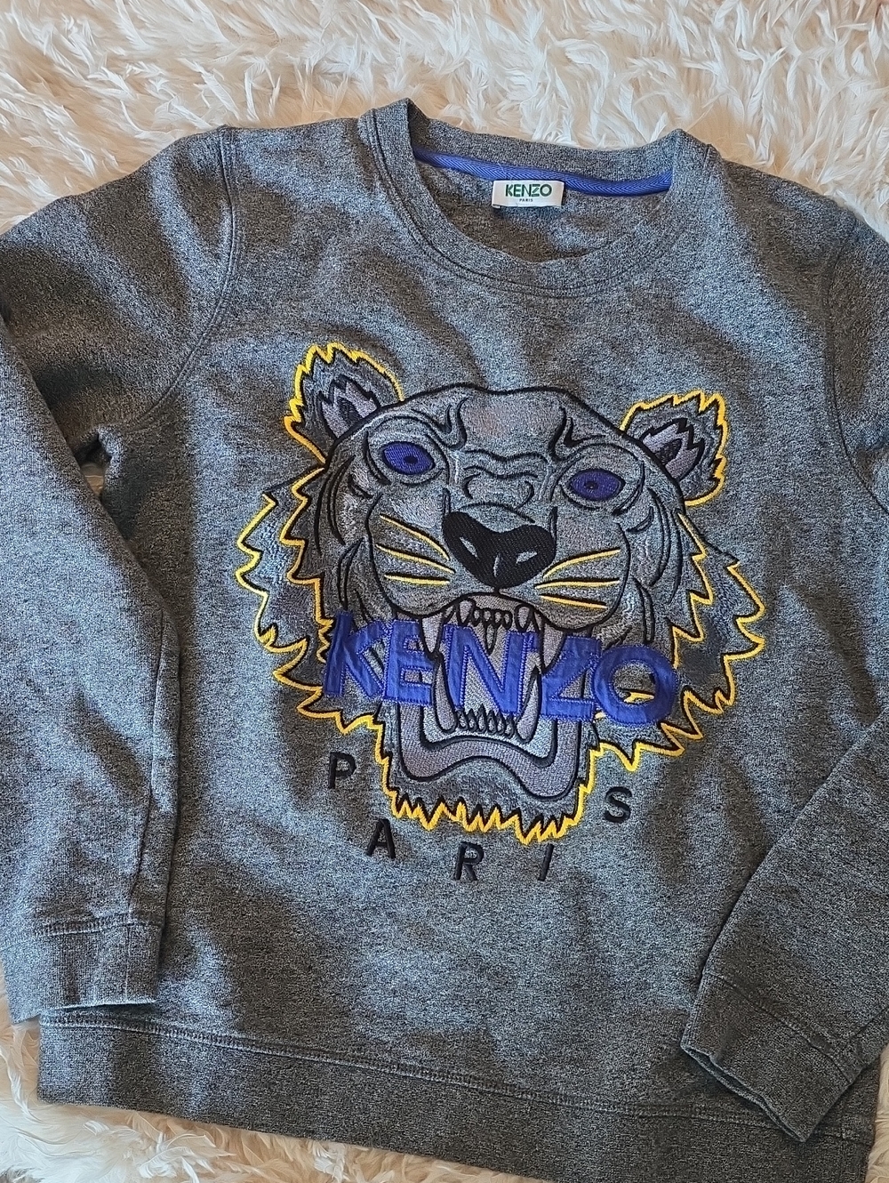 Kenzo Kids Grey Sweatshirt with Blue and Yellow Tiger Embroidery